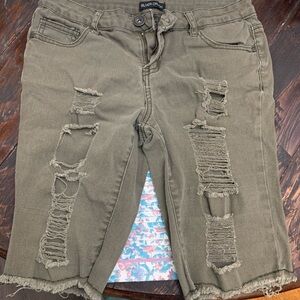 Distressed Olive Green Ripped Denim Shorts